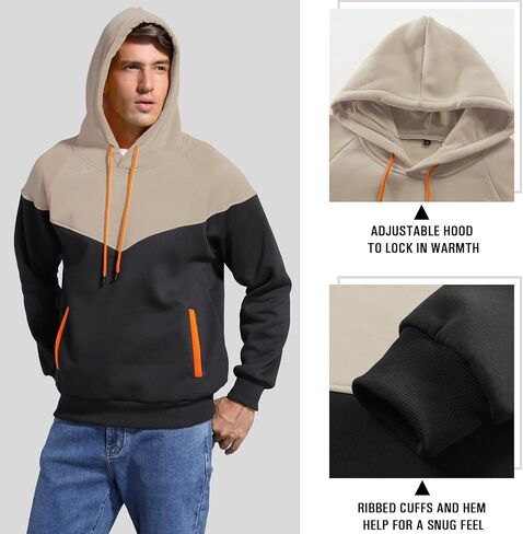 Men's Midweight Fleece Pullover Hoodies Casual Color Block Hooded Sweatshirt with Pockets in Kuwait