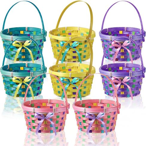 Yulejo Easter Woven Bamboo Basket Round Small Woven Basket with Handle Buckets for Easter Egg Hunt Picnic Party Supplies Birthday Decoration(12 Pieces, Classic) in Saudi Arabia