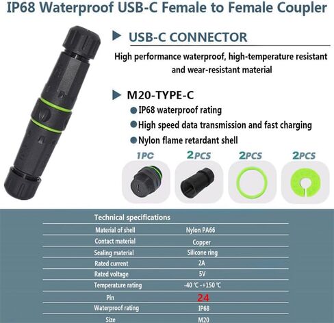 NFHK M20 Locking IP68 Waterproof Type-C 10Gbps USB3.1 Female to USB-C Female Extension Adapter Coupler in Saudi Arabia