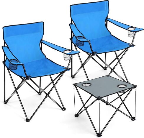 Joyfair Camping Chairs & Table Set(2 Chairs + 1 Table), Heavy Duty Portable Outdoor Lawn Large Folding Chair for Adults, Ideal for Backpacking Fishing Hiking, Carry Bag & Cup Holder (Blue Chair) in Kuwait