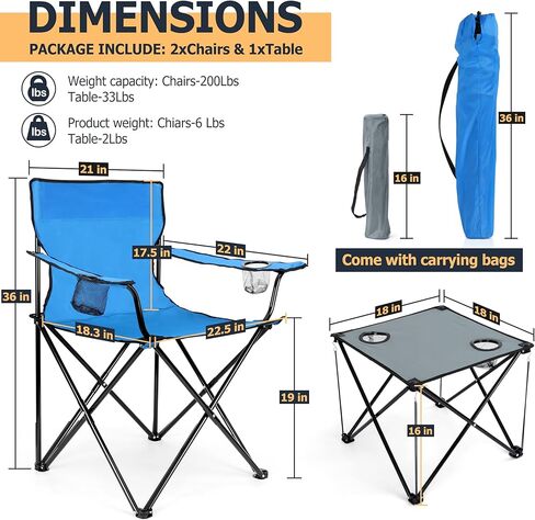 Joyfair Camping Chairs & Table Set(2 Chairs + 1 Table), Heavy Duty Portable Outdoor Lawn Large Folding Chair for Adults, Ideal for Backpacking Fishing Hiking, Carry Bag & Cup Holder (Blue Chair) in Kuwait