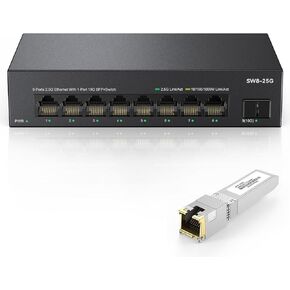 Real HD 8 Port 2.5G Ethernet Network Switch Unmanaged with 1 x 10G SFP+ | 60G Bandwidth | Plug & Play | Fanless Metal Internet Multi-gigabit Switch | Include 10Gb SFP to RJ45 Module 98Ft (30m)