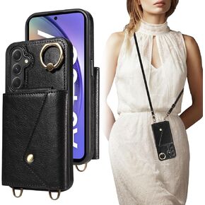 Crossbody Wallet Case for Samsung Galaxy S23 FE with Card Holder, Leather Case with Long Shoulder Strap, Purse Shockproof Flip Cover for Samsung S23 FE (Black)