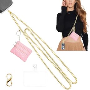 Cell Phone Strap, Stylish Crossbody Cellphone Lanyard with Wallet, Adjustable Anti Theft iPhone Chain Lanyard with Zipper Pouch, Clip and Go Phone Strap with Wallet, Gold