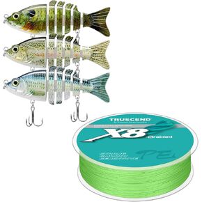 TRUSCEND Fishing Lures for Bass Trout and Braided Fishing Line 20lb-300yds, Multi Jointed Swimbaits Slow Sinking Bionic Swimming Lures Bass Freshwater Saltwater Bass Lifelike Fishing Lures Kit