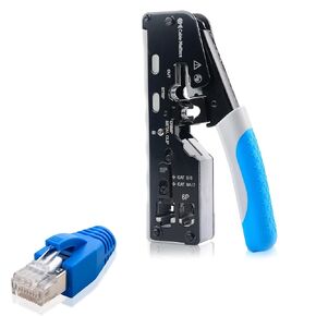 Cable Matters 50-Pack Cat6A RJ45 Shielded Modular Plugs with Strain Relief Boots & 1-Pack All-in-One Modular Ethernet Crimping Tool (Cat5 Cat6 Cat7 Cat8) for Shielded Pass-Through Connectors