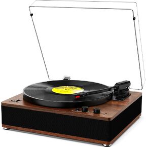 Vintage Record Player with Built-in Speakers, Wireless Bluetooth Input/Output Turntable 3 Speed Retro Vinyl LP Player with Full-Size Platter, Auto-Stop, RCA/AUX/Headphone Out, Walnut