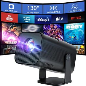 Smart Auto Keystone Projector with WIFI and Bluetooth, 270° Rotatable，AMX500 Mini Portable Projector, 4K Native 1080P Projector, Outdoor Movie Projector Compatible for Laptop, PC, Smartphone