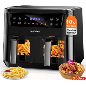 10QT Large Dual Basket Air Fryer with Viewing Window and 50pcs Paper Liners, 10-in-1 Digital Touchscreen Double Zone Air Fryers, SyncCook to Bake,Roast,Reheat,Broil, Nonstick Dishwasher Safe