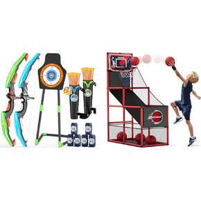 2 Pack Bow and Arrow for Kids, Basketball Arcade Game Indoor Outdoor Kids Basketball Hoop