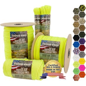 TOUGH-GRID Premium 550lb Paracord Rope - 50ft Neon Yellow - 100% Nylon Type III Mil-Spec - UV & Abrasion Resistant - Heavy Duty Strands - Outdoor Survival Rope - Used by US Military - Made in USA