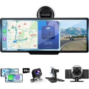 10.26" Wireless Portable Carplay Screen for Car, HD Android Auto Screen, Car Stereo Touch Screen, 1080P Backup Camera, 4K Dash Cam, Mirror Link/Voice Control/Music Play/GPS Navigation