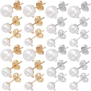 1 Box 120Pcs Pearl Earring Posts Hypoallergenic Pearl Earring Posts Stainless Steel with Imitation Pearl Beads and Loop Silver Earring Studs for Jewelry Making Earrings Supplies DIY Crafts