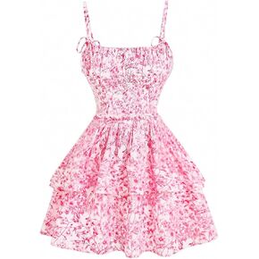 Women's Floral Print Knot Sleeveless Dress Ruched Tiered Layer Ruffle Hem Cami Dresses Boho Summer Mini Dress