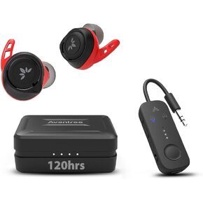 Avantree Relay & TW106 - Premium Airplane Bluetooth 5.3 Adapter, Supports 2 AirPods or Headphones and aptX Low Latency & Wireless Earbuds with Ear Fins for Running Sport Workout Exercise, Sweatproof