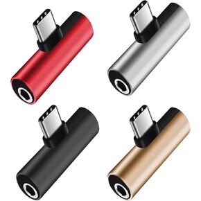 D & K Exclusives 2-in-1 USB C to 3.5mm Headphone Adapter with Fast Charging, AUX Audio Dongle Converter, 4 Pack, Black, Red, Gold, Silver