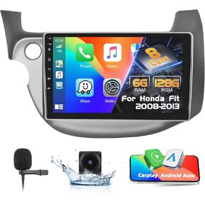 Podofo 6+128G 8 Core Car Stereo Radio for Honda Fit Jazz 2008-2013 Wireless CarPlay Android Auto 10" Touch Screen Bluetooth Audio with GPS Navigation Mirror Link WiFi EQ RDS Hi-Fi HD Backup Camera MIC