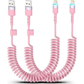 Opluz Coiled iPhone Charger Cord Pink 2 Pack Coiled Lightning Cable 3FT USB Carplay Cable Pink Car Accessories Cute iPhone Car Charger Cord [MFi Certified] Short USB to Lightning Cable