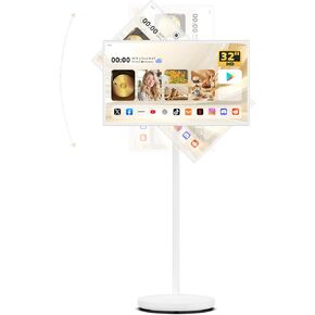 32" Portable TV on Wheels, 1080p Smart Touchscreen Display, Rolling Monitor with Magnetic Wide-Angle Camera, Android 13,Built-in 6-8h Battery, 10W Stereo Speakers,Remote Control, 6+128GB Storage,White