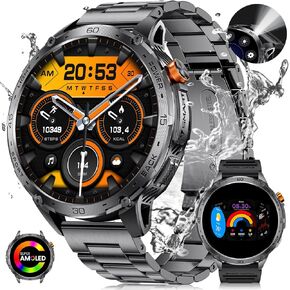 LIGE 1.75" Super Large AMOLED Round Smart Watches for Men with LED Flashlights, Outdoor Military Smartwatch for Android iOS, 100+ Sports, IP68 Waterproof, 200+ Watch Faces, 730mAh, Black Metal Strap