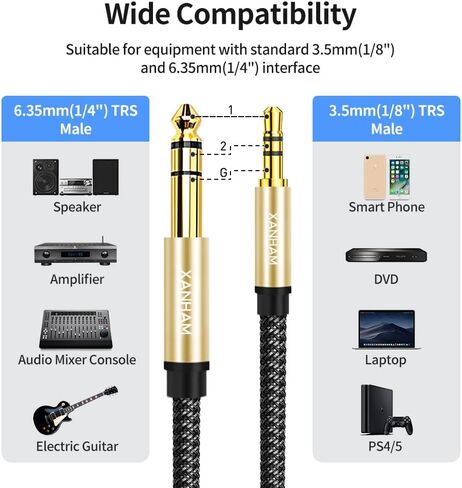3.5mm to 1/4 Stereo Audio Cable 6.6 Feet /2M, 1/8" to 6.35mm 1/4" TRS Male Aux Cord Double Shielded with Braiding for Guitar, Amplifiers, PC, Home Theater, Speaker, etc. in Kuwait
