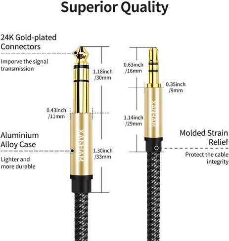 3.5mm to 1/4 Stereo Audio Cable 6.6 Feet /2M, 1/8" to 6.35mm 1/4" TRS Male Aux Cord Double Shielded with Braiding for Guitar, Amplifiers, PC, Home Theater, Speaker, etc. in Kuwait