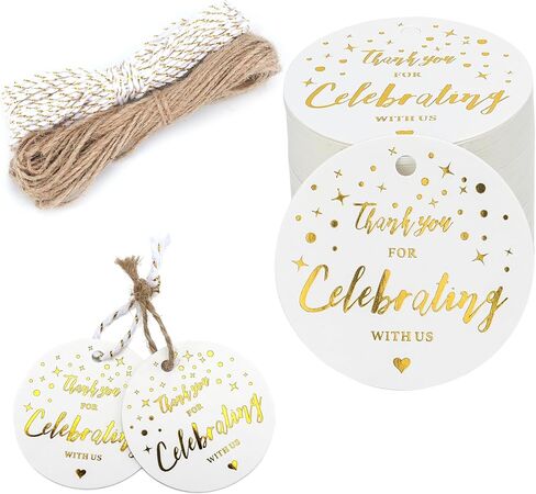 joycraft 100Pcs Thank You Gift Tags, 2 inch Thank You for Celebrating with Us Tags, Gold Foil Thank You Paper Tags with String, Thank You Gift Wrap Tags for DIY Craft, Wedding Party Favor, Christmas in Kuwait