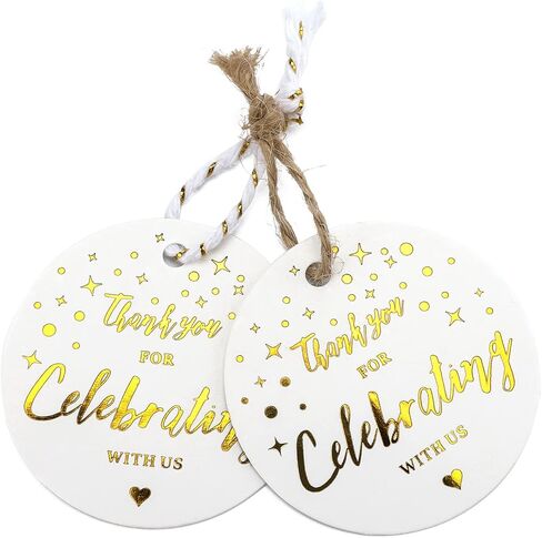 joycraft 100Pcs Thank You Gift Tags, 2 inch Thank You for Celebrating with Us Tags, Gold Foil Thank You Paper Tags with String, Thank You Gift Wrap Tags for DIY Craft, Wedding Party Favor, Christmas in Kuwait