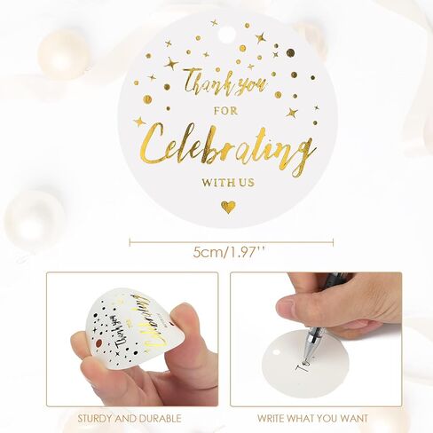 joycraft 100Pcs Thank You Gift Tags, 2 inch Thank You for Celebrating with Us Tags, Gold Foil Thank You Paper Tags with String, Thank You Gift Wrap Tags for DIY Craft, Wedding Party Favor, Christmas in Kuwait