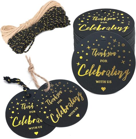 joycraft 100Pcs Thank You Gift Tags, 2 inch Thank You for Celebrating with Us Tags, Gold Foil Thank You Paper Tags with String, Thank You Gift Wrap Tags for DIY Craft, Wedding Party Favor, Christmas in Kuwait