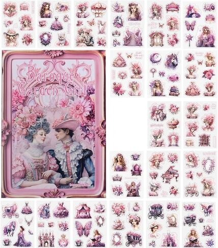 20 Sheets Baroque Garden Girl Series PET Scrapbook Stickers Set, Vintage Sticker Book for Scrapbooking, Pre-Cut Junk Journal Ephemera, DIY Crafts Waterproof Journaling Supplies (Pink Love Song) in Kuwait
