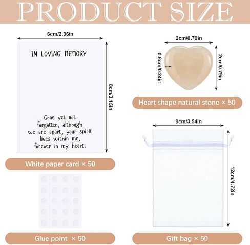 50 Sets Celebration of Life Favors Pocket Token Bulk Cards with Heart Shape Natural Stones Organza Bags Keepsake Sympathy Thank You Gifts for Memorial Party Supply Funeral Guest Return Favors in Saudi Arabia