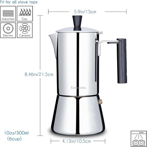 Easyworkz Pedro Stovetop Espresso Maker 6CUP 300 مل من الفولاذ المقاوم للصدأ صانع الآلات القهوة Moka وعاء الإسبريسو وعاء الإسبريسو in Kuwait
