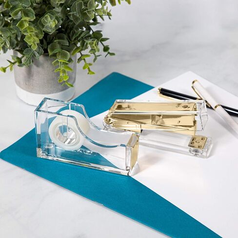 Staple & Stick Office Supplies Designer - Acrylic Lucite Silver Stapler & Tape Dispenser - Elegant Silver Tape Dispenser & Stapler Gift Set - Chic Office Stapler & Tape Dispenser Silver in Saudi Arabia