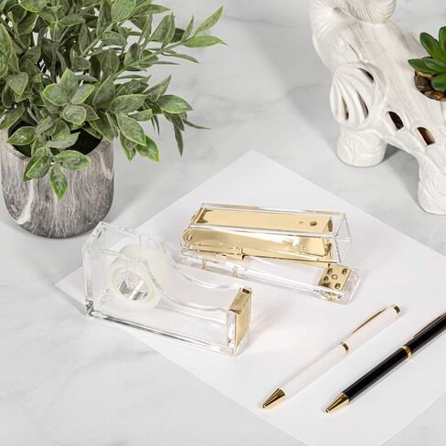 Staple & Stick Office Supplies Designer - Acrylic Lucite Silver Stapler & Tape Dispenser - Elegant Silver Tape Dispenser & Stapler Gift Set - Chic Office Stapler & Tape Dispenser Silver in Saudi Arabia