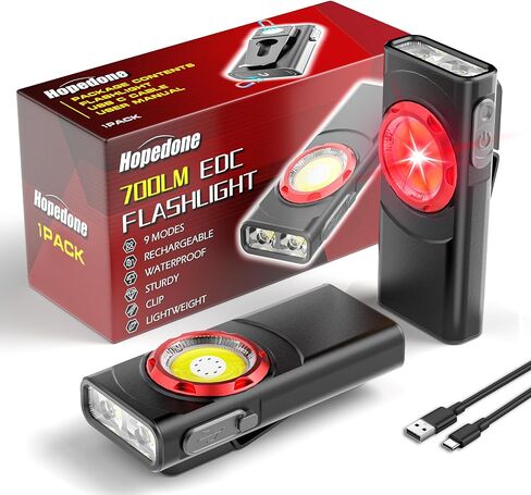 EDC Flashlight Rechargeable, 700 Lumens Mini LED Flashlight with 8 Modes Dual Light Sources Magnetic Flashlights with Clip Waterproof Pocket Flat Flashlights for Night Working (1, Black) in Saudi Arabia