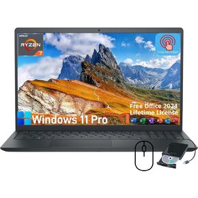 Dell Inspiron 3535 Touchscreen Laptop - with 2024 Office Lifetime & External DVD Drive, 15.6" FHD Touch Computer for Business, AMD Ryzen 7 7730U, HD Webcam, Copilot AI, Win 11 pro (16GB RAM | 1TB SSD)