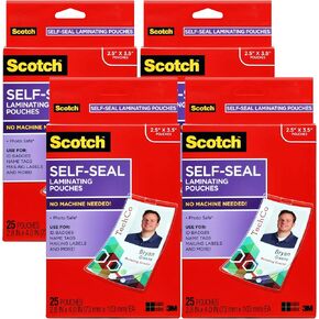 Scotch Self-Sealing Laminating Pouches for ID Badges with Clips, 2.25″ x 3.5″, 4-Pack (100 Pouches Total) – No Heat Required, Durable & Waterproof
