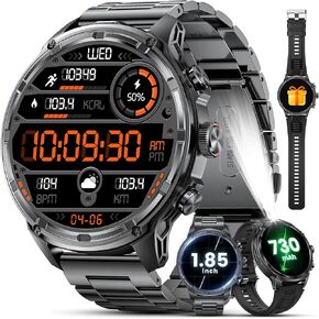 Military Smart Watches for Men with 80-Days Standby(710mAh)/Flashlight/50M Waterproof/1.85" HD Large Screen,100+ Sports Fitness Tracker Watch,Pedometer Mens Smart Watch for Android iPhone