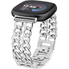 JR.DM Gold Watch Bands for Women Compatible with Fitbit Versa 4/Versa 3/Fitbit Sense 2/Sense Band Adjustable Metal Strap Cowboy Steel Chain Bracelet