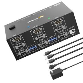 KVM Switch 3 Monitors 2 Computers, Triple Monitors KVM Switch DisplayPort HDMI 3 Ports 8K@60Hz 4K@144Hz Extended Display, KVM Switches with 4 USB 3.0 Ports for Keyboard, Mouse, U-Disk and Printer