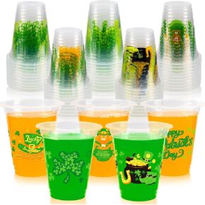 GuassLee St Patrick’s Day Disposable Cups - 50pcs 12oz St Patrick’s Day Disposable Clear Plastic Cups with 5 Styled Lucky Clover for Kids Adults Cold Drink Snacks Saint Patrick Party Favors Supplies