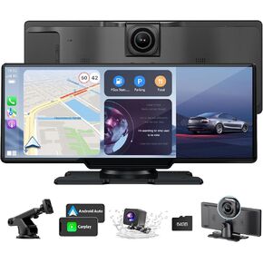 10.26" HD Wireless Android & Carplay Screen for Car, Portable Touchscreen Car Stereo with 4K Dash Cam, 1080P Backup Camera, Bluetooth, AUX/FM, Siri, Mirror Link, GPS Navigation