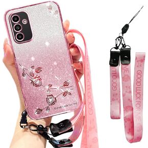Glitter Case for Samsung Galaxy A15 5G with Crossbody Lanyard and Wrist Strap, Bling Sparkle Floral Stylish TPU Clear Protective Cover for Galaxy A15 YSS Pink