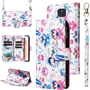 Wallet Case for Moto G Play 2021 with Wrist Strap Crossbody Shoulder Strap Flower Leather Zipper Purse Credit Card Holder Stand Phone Cover Motorola GPlay2021 6.5 XT2093DL XT2093-7 Girls Pink
