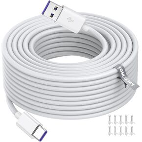 ASKUBSKU 33FT/10M USB to USB C Power Cable for CCTV Camera, Type C Power Extension Cable for Xiaomi Mi Security Camera Outdoor Indoor Cord with 10 Wire Clips Cable Nails, White