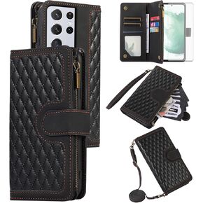 Asuwish Phone Case for Samsung Galaxy S21 Ultra 5G Wallet Cover With Tempered Glass Screen Protector and Wrist Strap Leather Flip Zipper Card Holder Cell S21ultra 21S S 21 21ultra G5 Women Girls Black