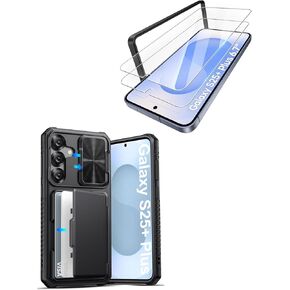 for Samsung Galaxy S25+ Plus Case with HD Tempered Glass Screen Protector [2 Pack], Build-in Card Holder, Slide Camera Cover, Case for Galaxy S25+ Plus 6.7", Black
