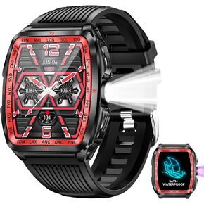 Military Smart Watch for Men(Answer/Make Calls) with LED Flashlight/UV Light 5ATM Waterproof 1.8" Big Screen Rugged Tactical Smartwatch Fitness Tracker with Heart Rate Sleep Monitor for iPhone Android