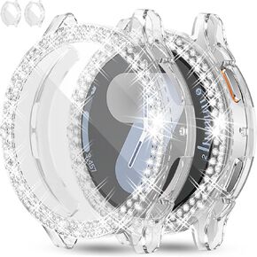 [2Pack] RICHONE Bling Case Compatible with Samsung Galaxy Watch 7 40mm Screen Protector Clear, Soft TPU Cover 2 Row Rhinestones Full Protective Bumper for Galaxy Watch7 40MM for Women Men